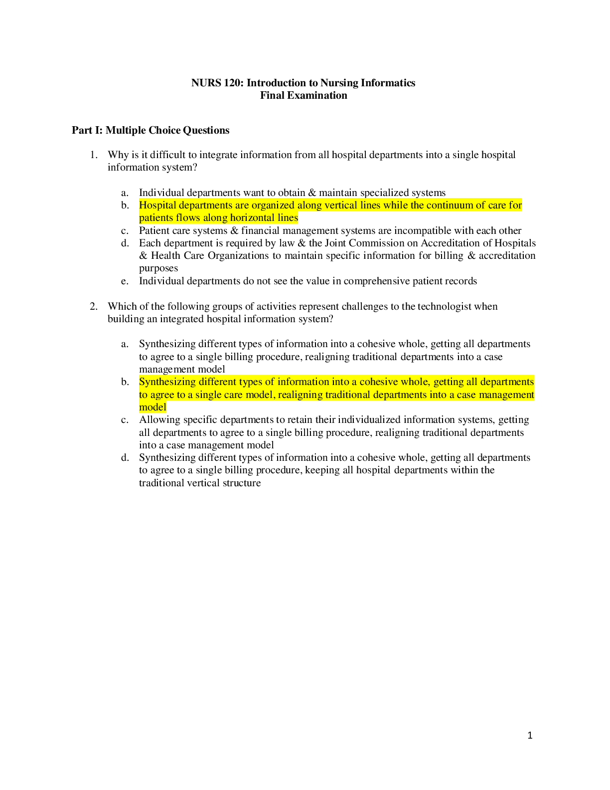 Preview image for NURS 120- Introduction to Nursing Informatics Final Examination.